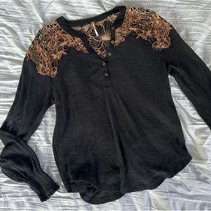 Free People Long Sleeve Embroidered Lace Top